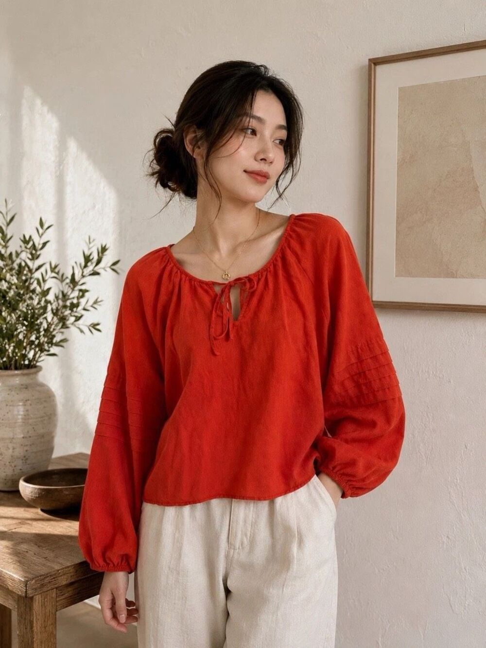 Velvet Heart Linen Peasant Top Orange  Tie Front Lightweight Blouse Size Medium